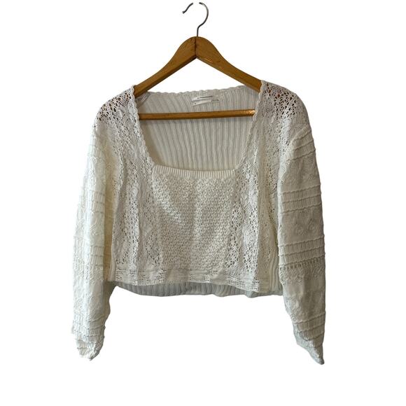 Anthropologie NEW Ivory Mixed Lace Crochet Cropped Sweater Medium - Picture 4 of 12